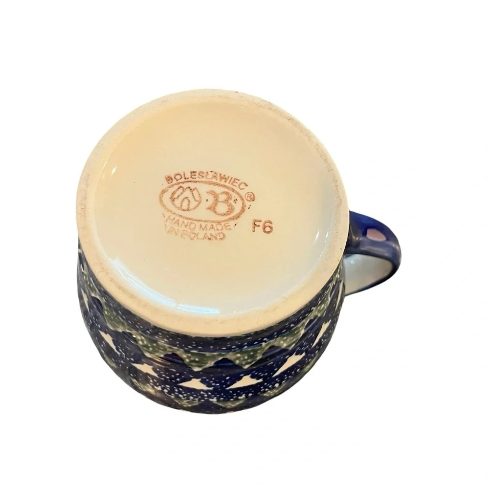 Boleslawiec Pitcher Jug Polish Pottery Blue Triangle Water Juice Tea Milk 32oz.